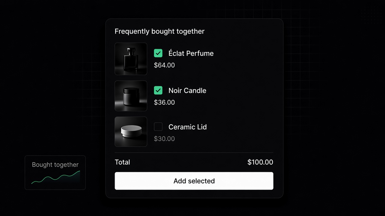Product page module showing Éclat Perfume and Noir Candle selected to add together