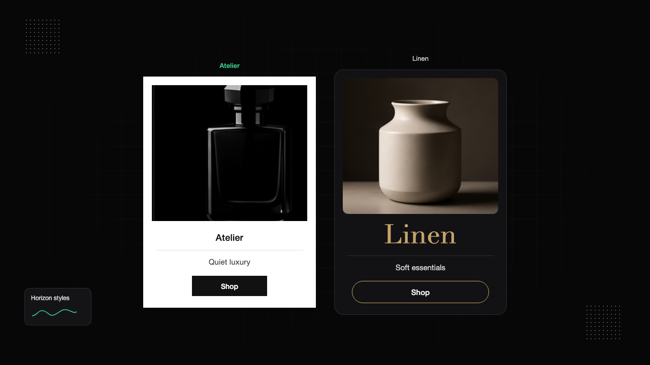 Atelier and Linen luxury style previews for a Horizon storefront