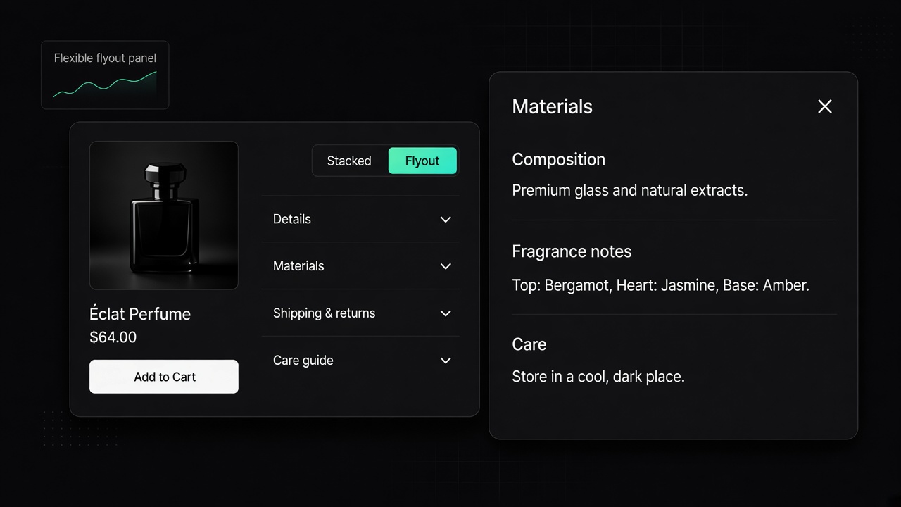 Product page accordion shown in stacked and flyout display modes