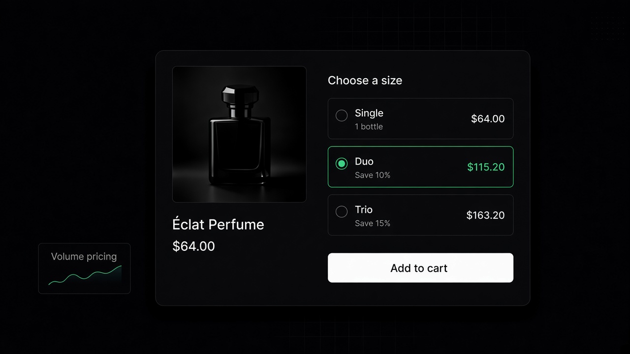 Product page quantity break picker with Single, Duo, and Trio options for Éclat Perfume
