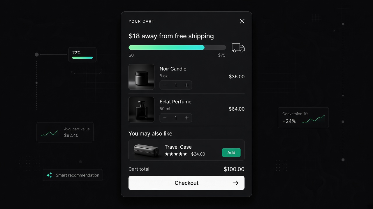 Cart drawer showing a recommended upsell product